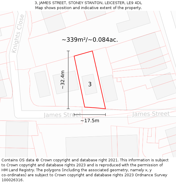 3, JAMES STREET, STONEY STANTON, LEICESTER, LE9 4DL: Plot and title map