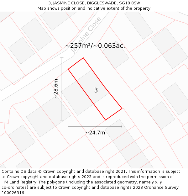 3, JASMINE CLOSE, BIGGLESWADE, SG18 8SW: Plot and title map