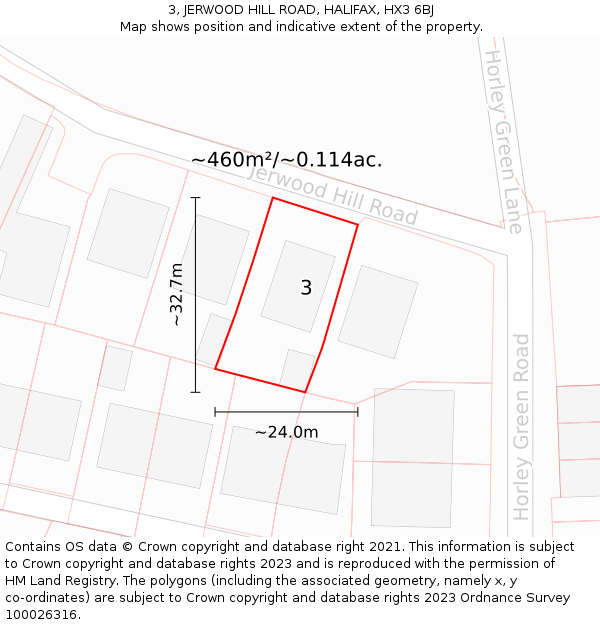 3, JERWOOD HILL ROAD, HALIFAX, HX3 6BJ: Plot and title map