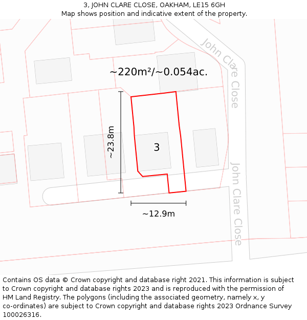 3, JOHN CLARE CLOSE, OAKHAM, LE15 6GH: Plot and title map