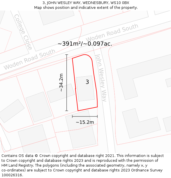 3, JOHN WESLEY WAY, WEDNESBURY, WS10 0BX: Plot and title map