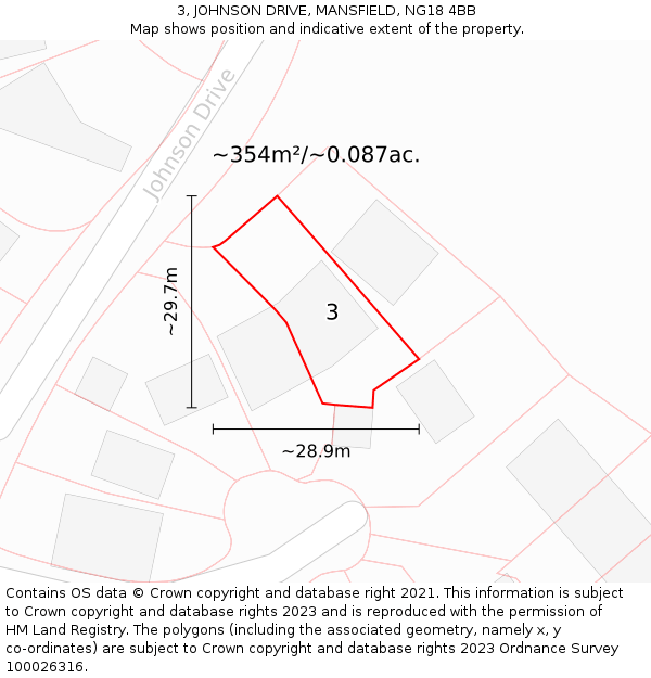 3, JOHNSON DRIVE, MANSFIELD, NG18 4BB: Plot and title map