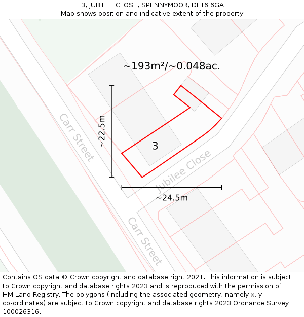 3, JUBILEE CLOSE, SPENNYMOOR, DL16 6GA: Plot and title map