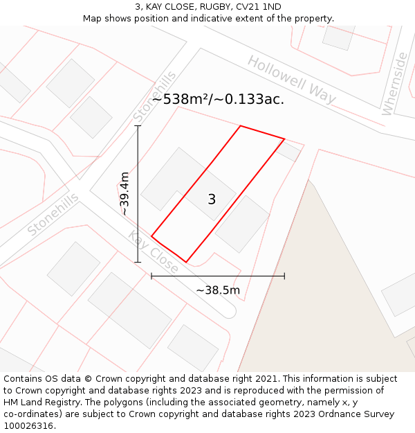 3, KAY CLOSE, RUGBY, CV21 1ND: Plot and title map