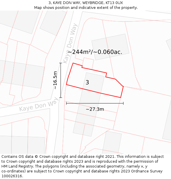 3, KAYE DON WAY, WEYBRIDGE, KT13 0UX: Plot and title map