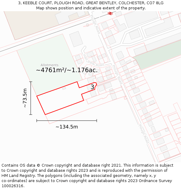 3, KEEBLE COURT, PLOUGH ROAD, GREAT BENTLEY, COLCHESTER, CO7 8LG: Plot and title map