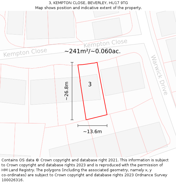 3, KEMPTON CLOSE, BEVERLEY, HU17 9TG: Plot and title map