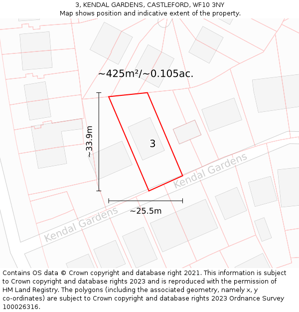 3, KENDAL GARDENS, CASTLEFORD, WF10 3NY: Plot and title map