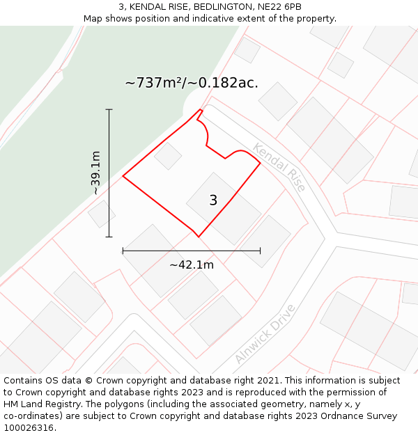 3, KENDAL RISE, BEDLINGTON, NE22 6PB: Plot and title map