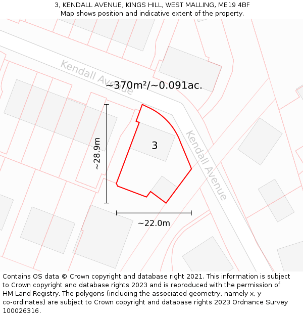 3, KENDALL AVENUE, KINGS HILL, WEST MALLING, ME19 4BF: Plot and title map