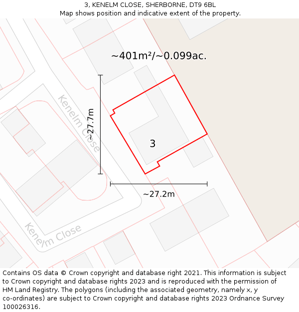 3, KENELM CLOSE, SHERBORNE, DT9 6BL: Plot and title map