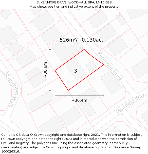 3, KENMORE DRIVE, WOODHALL SPA, LN10 6BB: Plot and title map