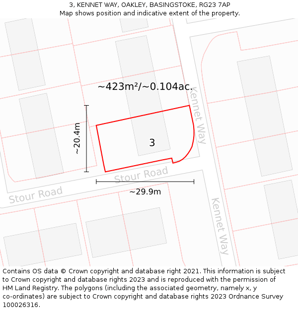 3, KENNET WAY, OAKLEY, BASINGSTOKE, RG23 7AP: Plot and title map