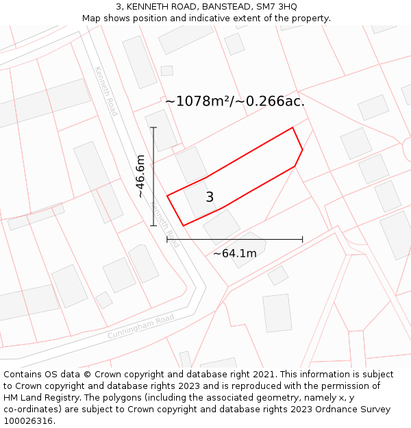 3, KENNETH ROAD, BANSTEAD, SM7 3HQ: Plot and title map