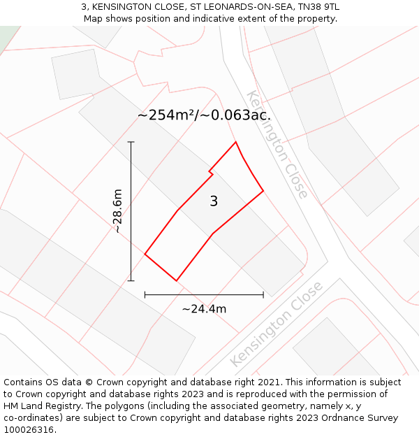 3, KENSINGTON CLOSE, ST LEONARDS-ON-SEA, TN38 9TL: Plot and title map
