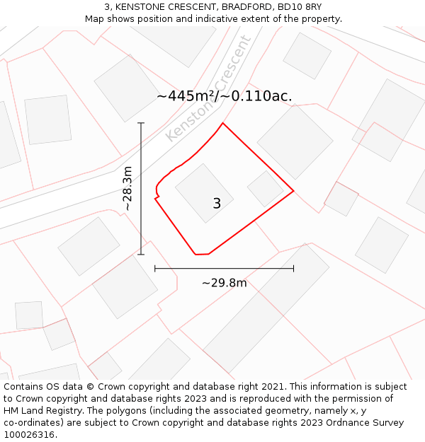 3, KENSTONE CRESCENT, BRADFORD, BD10 8RY: Plot and title map