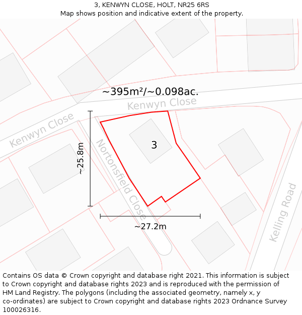 3, KENWYN CLOSE, HOLT, NR25 6RS: Plot and title map