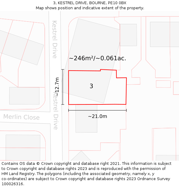 3, KESTREL DRIVE, BOURNE, PE10 0BX: Plot and title map
