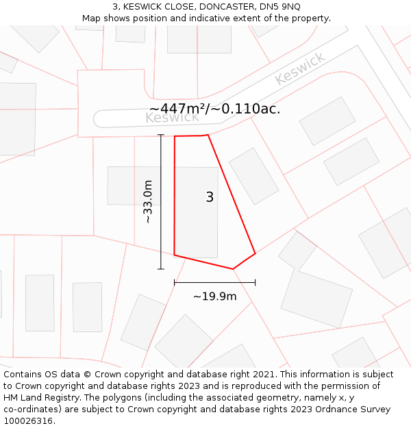 3, KESWICK CLOSE, DONCASTER, DN5 9NQ: Plot and title map