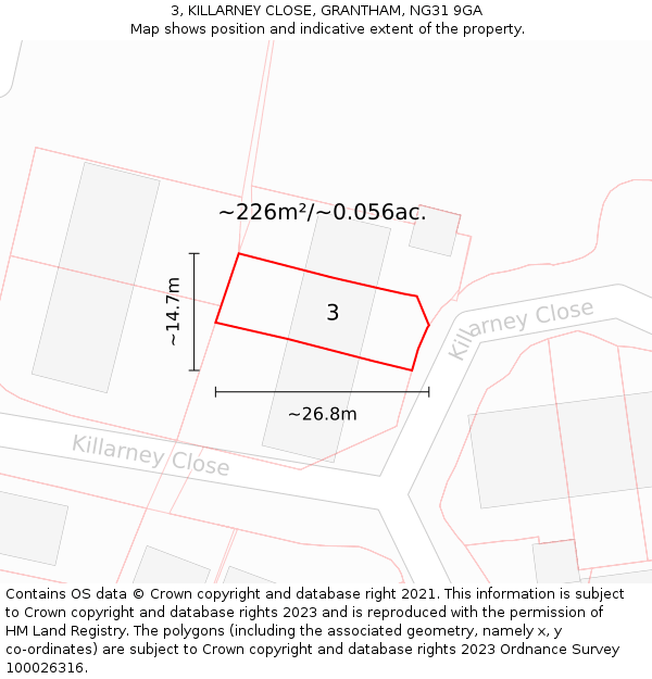 3, KILLARNEY CLOSE, GRANTHAM, NG31 9GA: Plot and title map