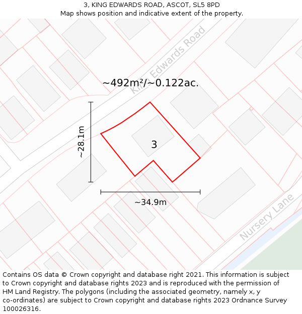 3, KING EDWARDS ROAD, ASCOT, SL5 8PD: Plot and title map