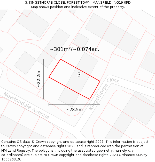 3, KINGSTHORPE CLOSE, FOREST TOWN, MANSFIELD, NG19 0PD: Plot and title map