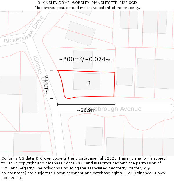 3, KINSLEY DRIVE, WORSLEY, MANCHESTER, M28 0GD: Plot and title map