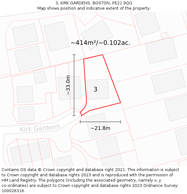 3, KIRK GARDENS, BOSTON, PE21 9QG: Plot and title map