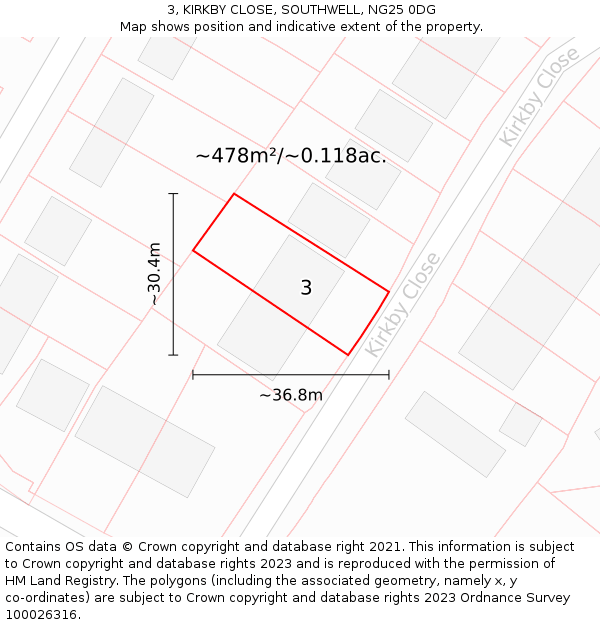 3, KIRKBY CLOSE, SOUTHWELL, NG25 0DG: Plot and title map