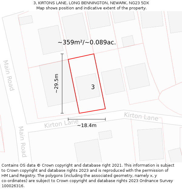 3, KIRTONS LANE, LONG BENNINGTON, NEWARK, NG23 5DX: Plot and title map