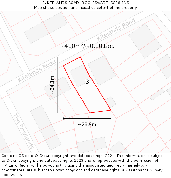 3, KITELANDS ROAD, BIGGLESWADE, SG18 8NS: Plot and title map