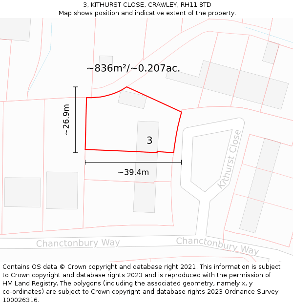 3, KITHURST CLOSE, CRAWLEY, RH11 8TD: Plot and title map