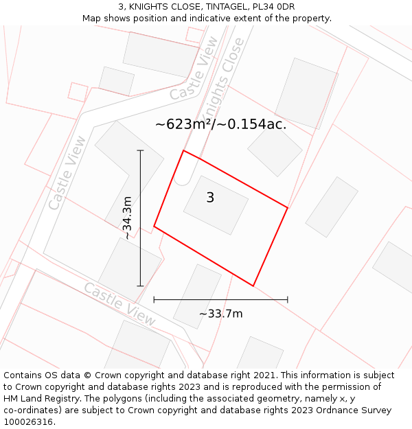 3, KNIGHTS CLOSE, TINTAGEL, PL34 0DR: Plot and title map