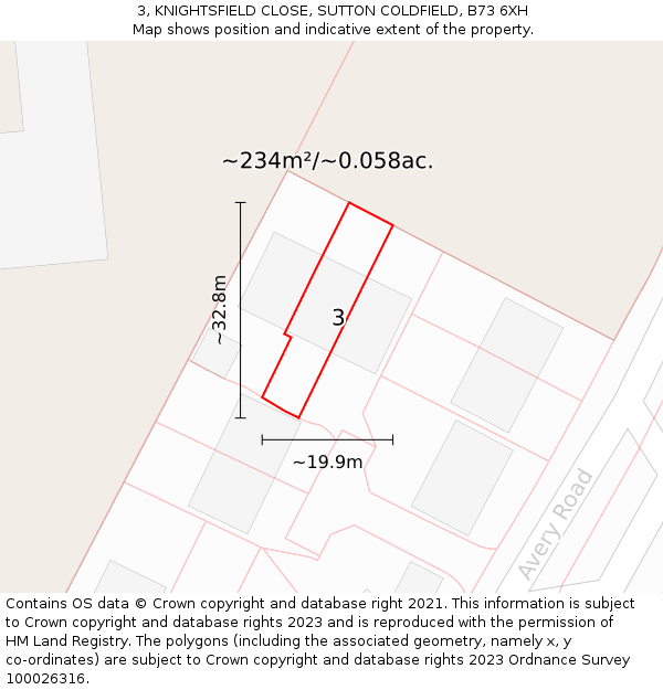 3, KNIGHTSFIELD CLOSE, SUTTON COLDFIELD, B73 6XH: Plot and title map