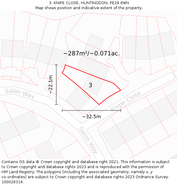 3, KNIPE CLOSE, HUNTINGDON, PE29 6WN: Plot and title map