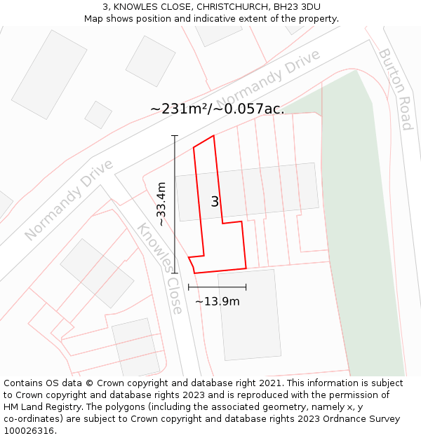 3, KNOWLES CLOSE, CHRISTCHURCH, BH23 3DU: Plot and title map