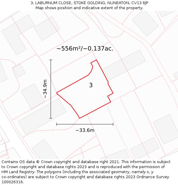 3, LABURNUM CLOSE, STOKE GOLDING, NUNEATON, CV13 6JP: Plot and title map