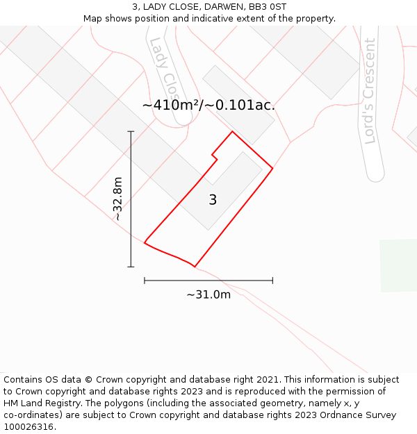 3, LADY CLOSE, DARWEN, BB3 0ST: Plot and title map