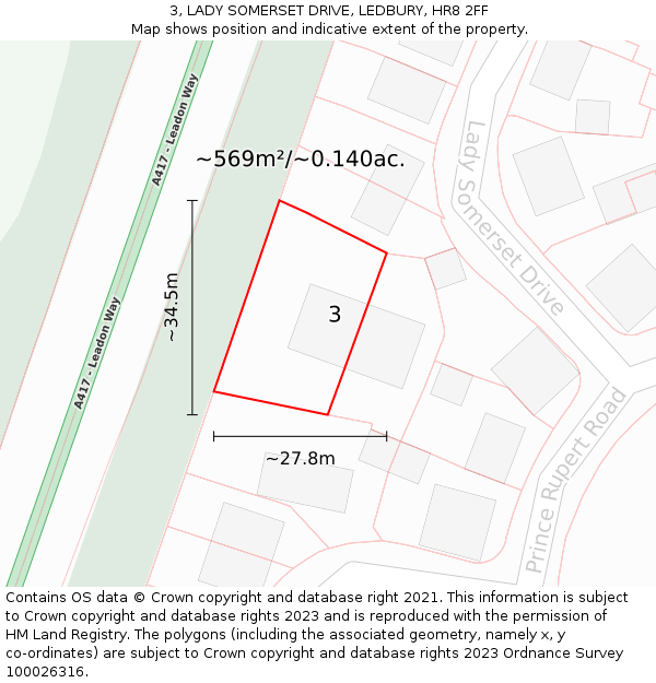 3, LADY SOMERSET DRIVE, LEDBURY, HR8 2FF: Plot and title map