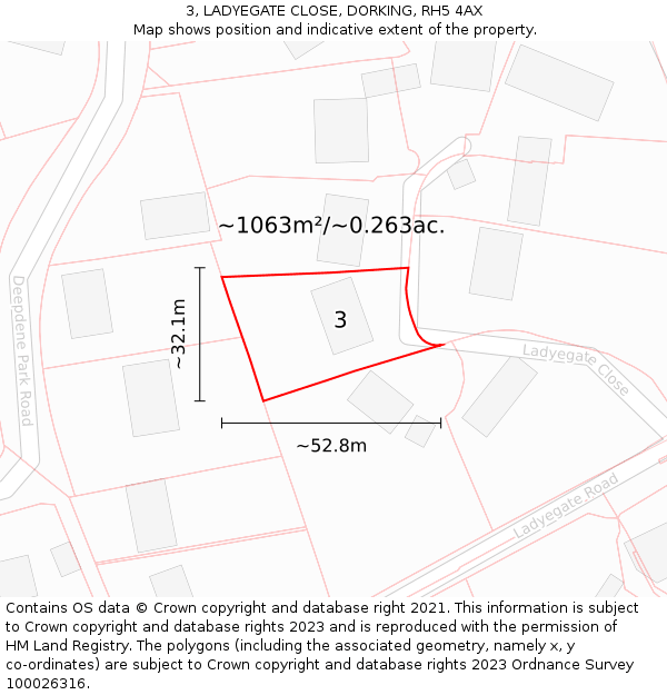 3, LADYEGATE CLOSE, DORKING, RH5 4AX: Plot and title map