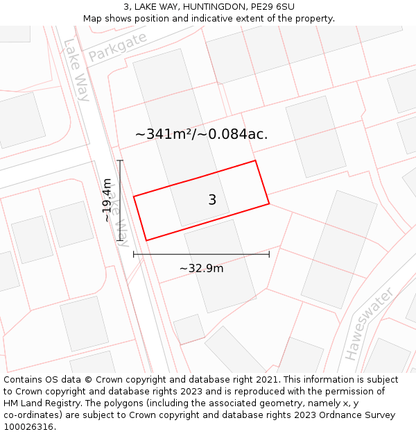 3, LAKE WAY, HUNTINGDON, PE29 6SU: Plot and title map