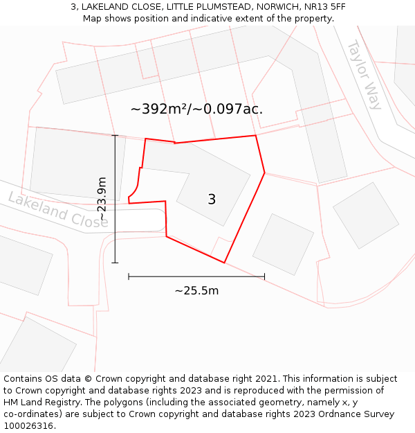 3, LAKELAND CLOSE, LITTLE PLUMSTEAD, NORWICH, NR13 5FF: Plot and title map