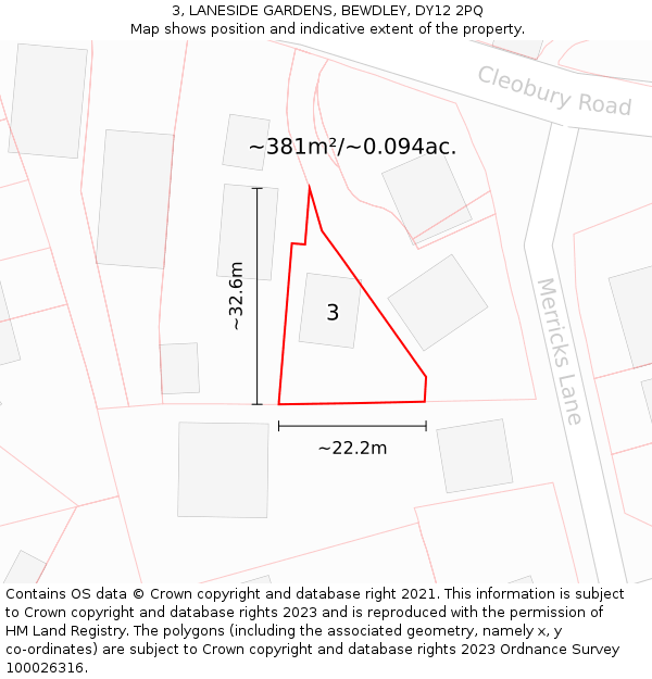 3, LANESIDE GARDENS, BEWDLEY, DY12 2PQ: Plot and title map