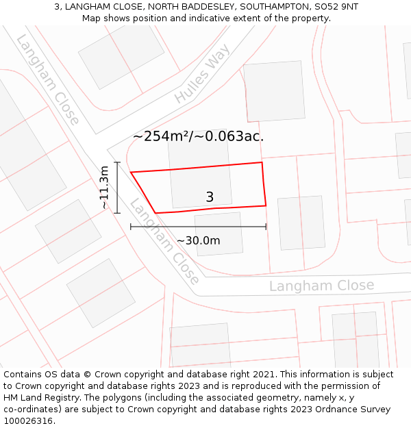 3, LANGHAM CLOSE, NORTH BADDESLEY, SOUTHAMPTON, SO52 9NT: Plot and title map