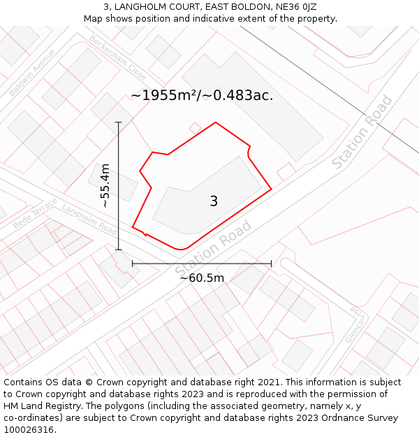 3, LANGHOLM COURT, EAST BOLDON, NE36 0JZ: Plot and title map