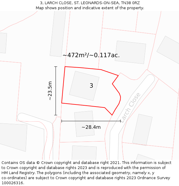 3, LARCH CLOSE, ST. LEONARDS-ON-SEA, TN38 0RZ: Plot and title map