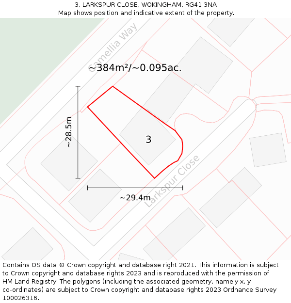 3, LARKSPUR CLOSE, WOKINGHAM, RG41 3NA: Plot and title map