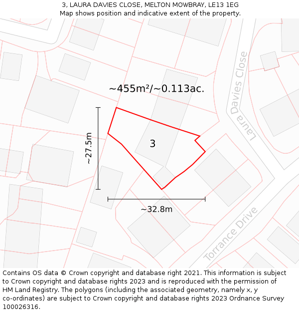 3, LAURA DAVIES CLOSE, MELTON MOWBRAY, LE13 1EG: Plot and title map