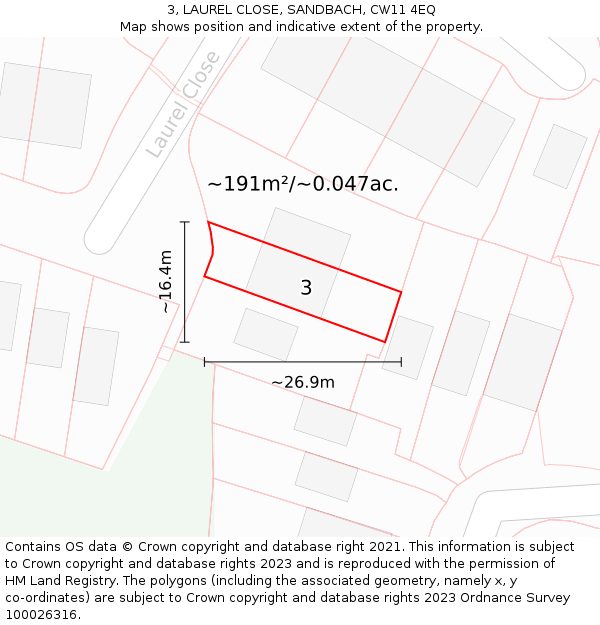 3, LAUREL CLOSE, SANDBACH, CW11 4EQ: Plot and title map