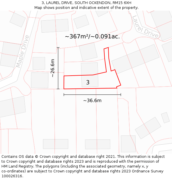 3, LAUREL DRIVE, SOUTH OCKENDON, RM15 6XH: Plot and title map